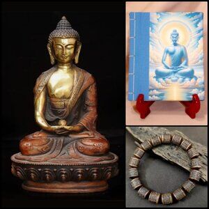 Spiritual Gift Set SHAKYAMUNI Statue w/Dragon Buddha Book Mala Prayer Bracelet